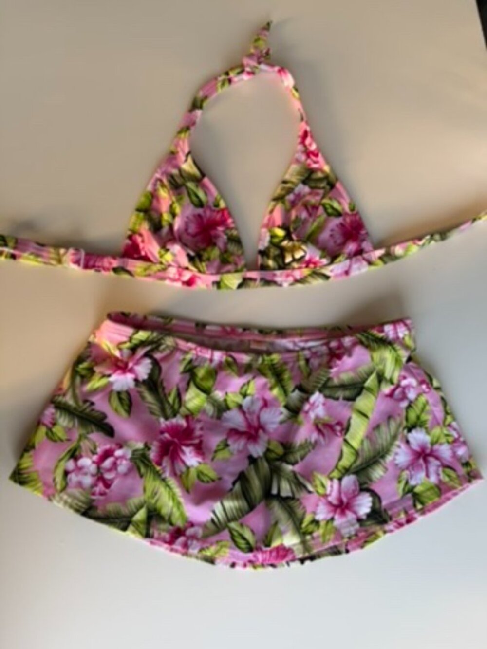 Vintage Venus Pink Floral Bikini Swim Skirt Set D Cup Top XL Bottoms Y2K